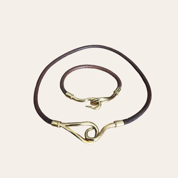 Bundle HERMES Jumbo: Brown/Gold Hardware Hook Bracelet/Choker Necklace & Bracele - Picture 1 of 6